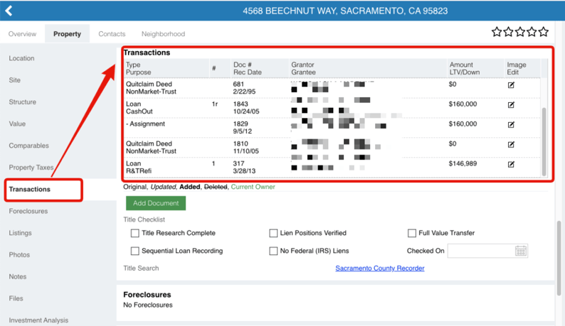 property owner's transaction details and title history