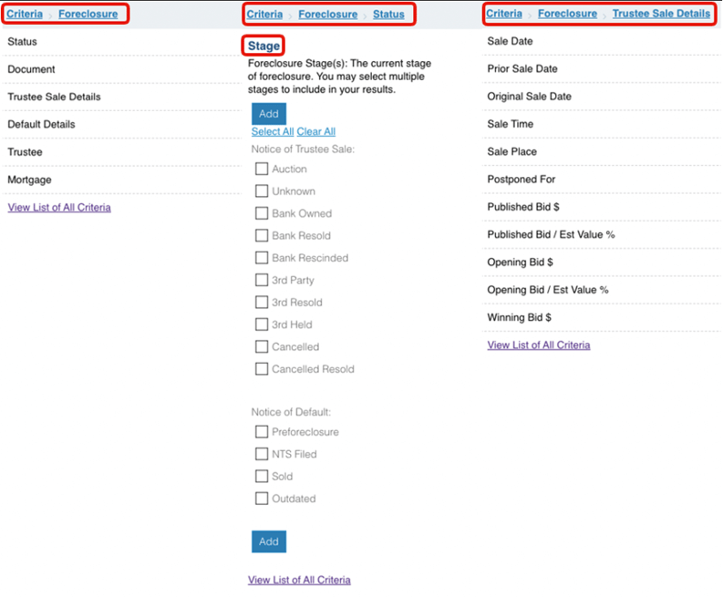 Add various types of criteria to find and buy distressed properties