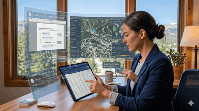 Vacation rental manager reviewing owner and property data on a laptop