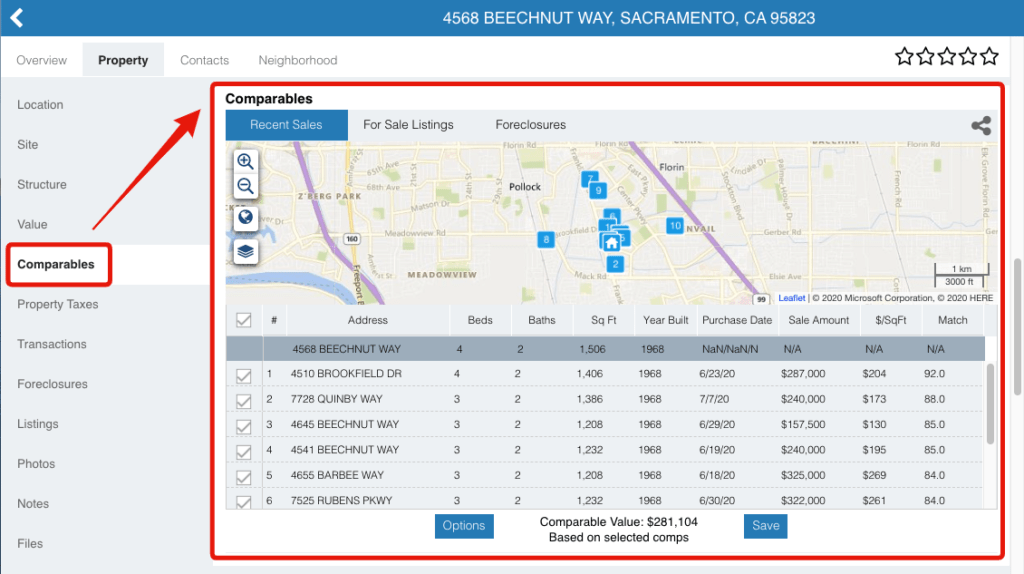property owner details and house comparables