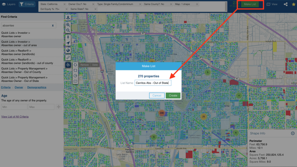 Once your criteria are defined, you can now make your list of absentee owners and give it a name.