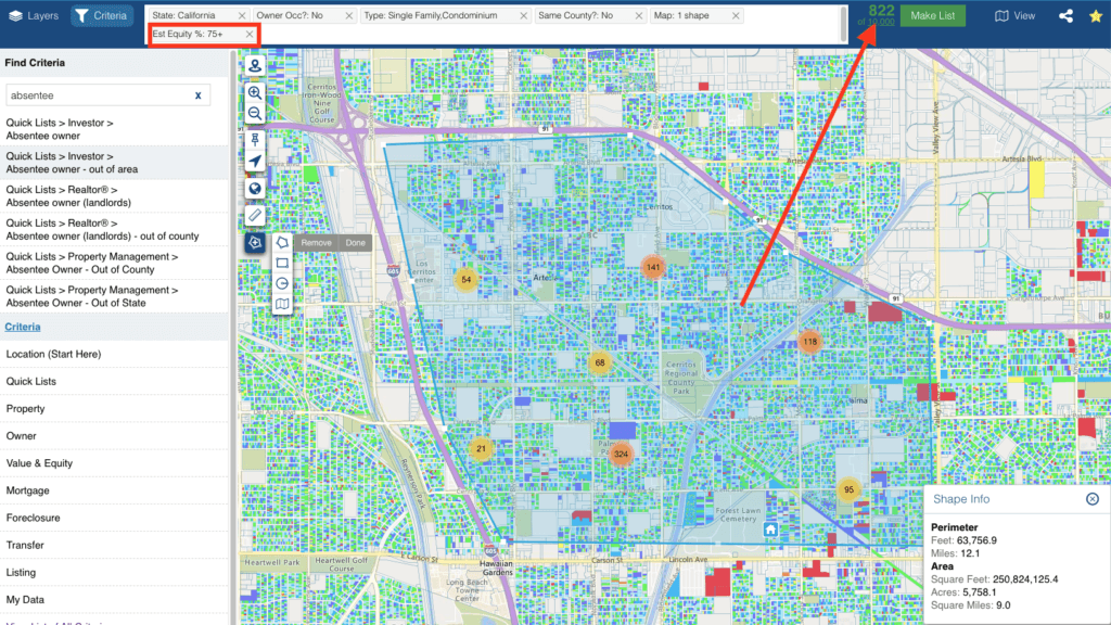 Add properties with 75% or more equity as additional criteria to further segment your absentee owner lists.