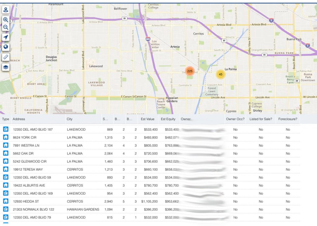 PropertyRadar gives you multiple viewing options of your absentee owner list with a map and list combination.