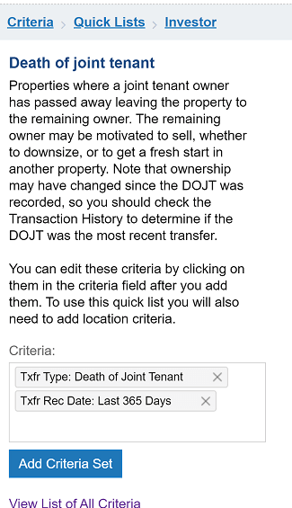 Another motivated seller list is one consisting of which the death of a joint tenant has recently occurred.