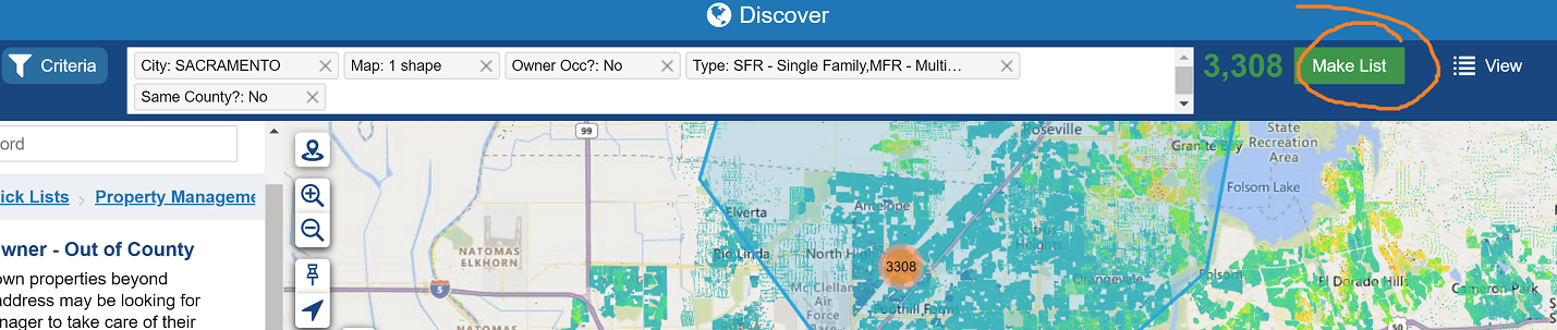 Make your first list of property management leads by clicking the button 'Make List'.