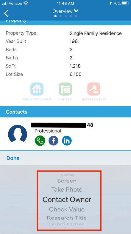 Set prospect status updates in PropertyRadar's field sales software mobile app