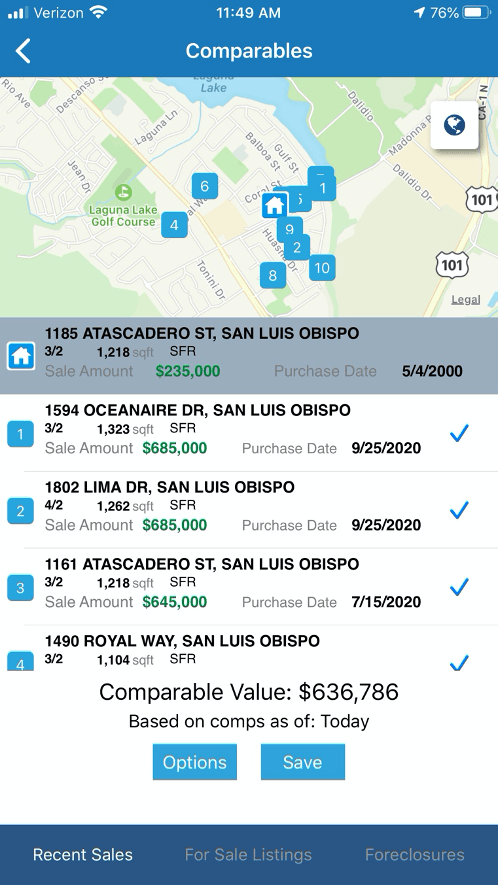 View comps in PropertyRadar's field sales software mobile app