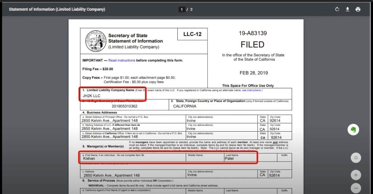 Secretary of State Statement of Information document reveals principal owner of llc